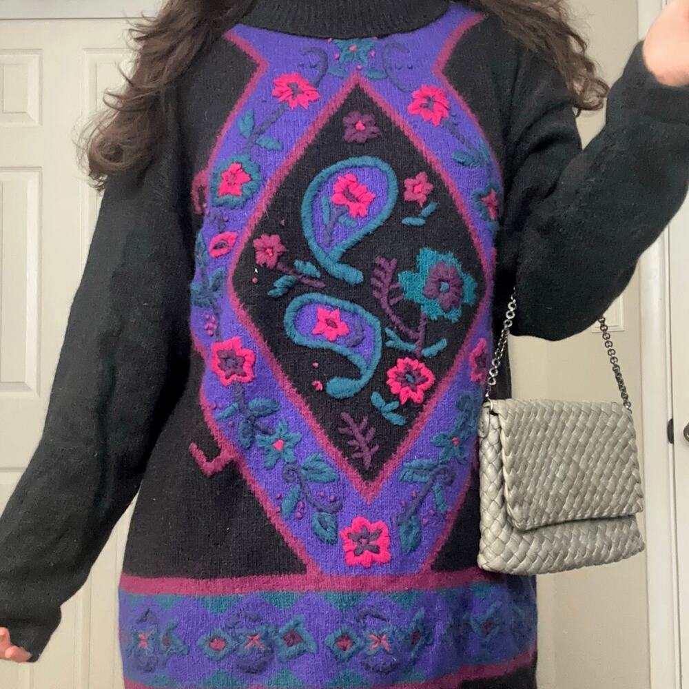 Vintage 80s Silk Angora Wool Floral Embroidered Turtleneck Tunic Sweater Dress